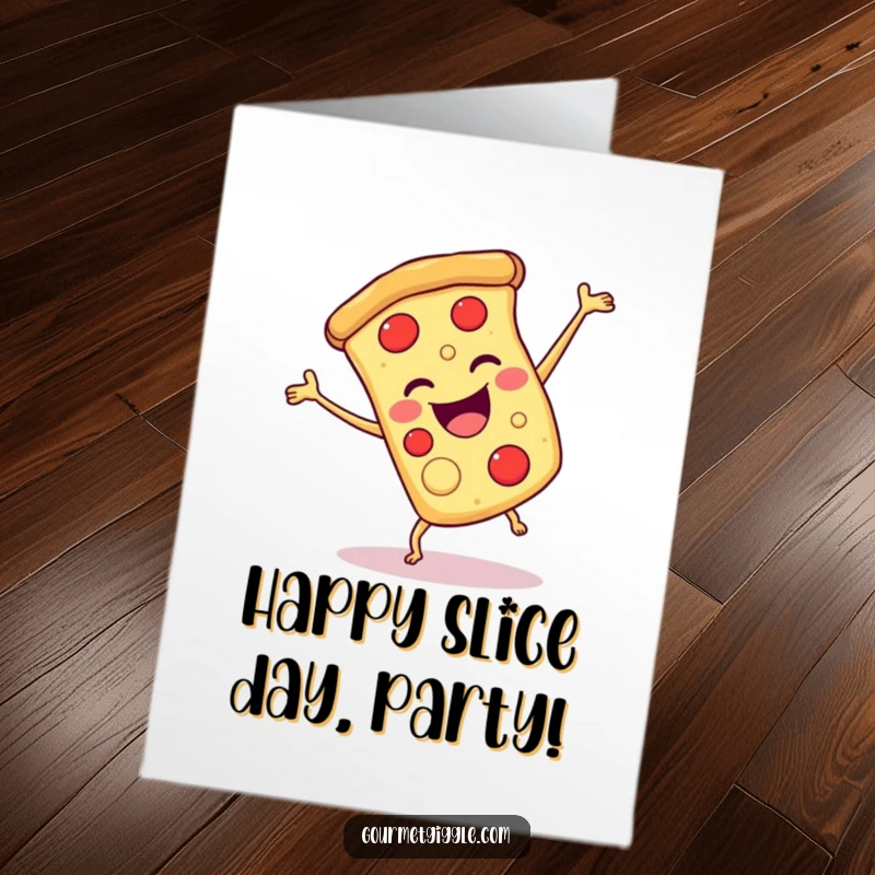 Funny Free Printable Birthday Card: Smiling slice of pizza doing a joyful cartwheel, celebrating. A happy, downloadable greeting.