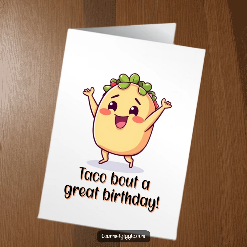 Funny Free Printable Taco Birthday Card: A delighted taco enthusiastically doing a silly little dance to celebrate a birthday fiesta.