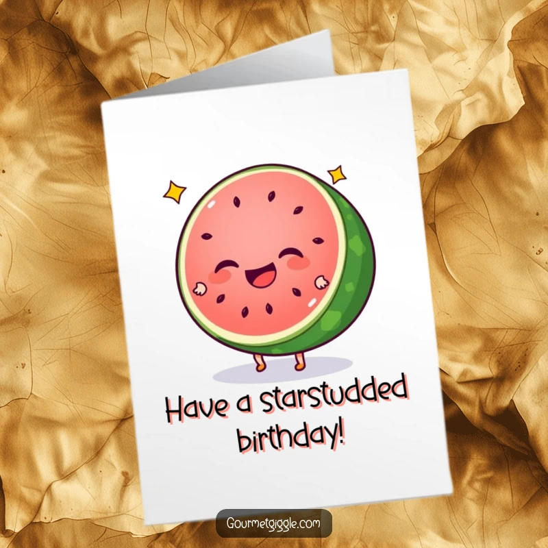 Funny Free Printable Birthday Card showing a giggling watermelon slice with star seeds doing cartwheels.