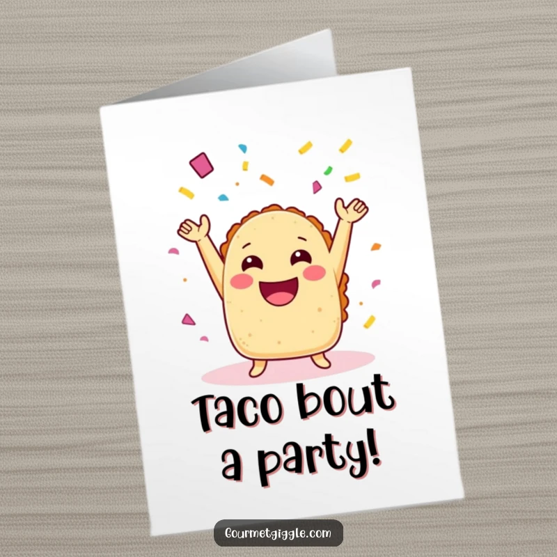 Funny Free Printable birthday card featuring a laughing taco with arms joyfully throwing confetti, perfect for a fun celebration.