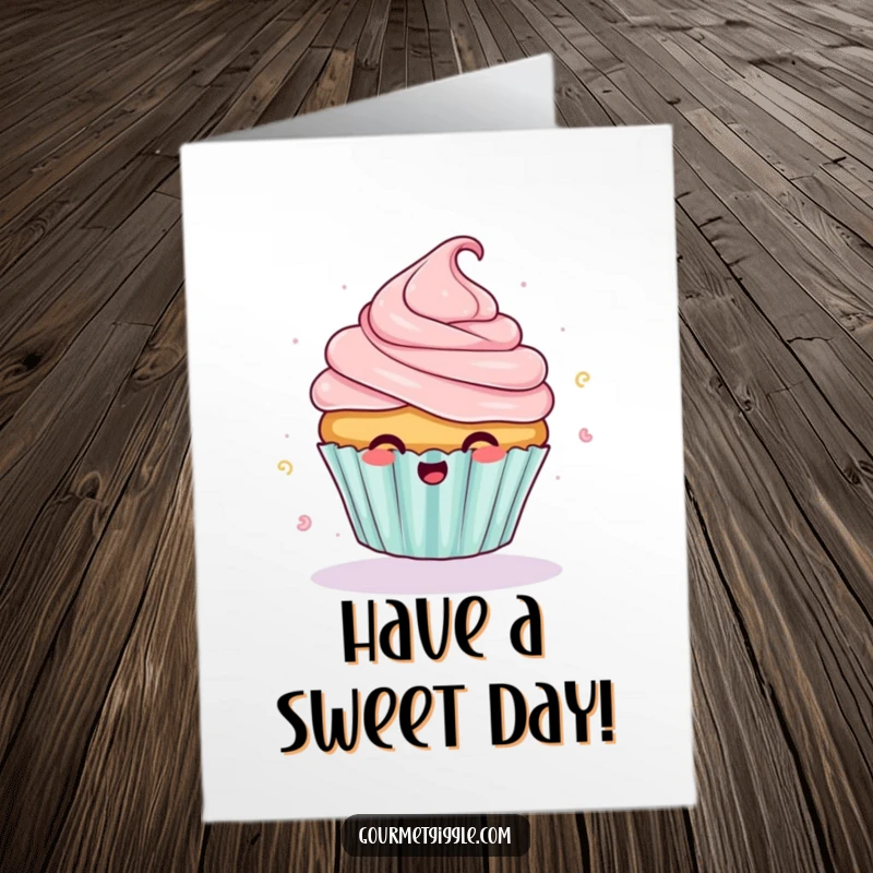 Funny Free Printable birthday card featuring a giggling cupcake with frosting flying off as it spins joyfully.