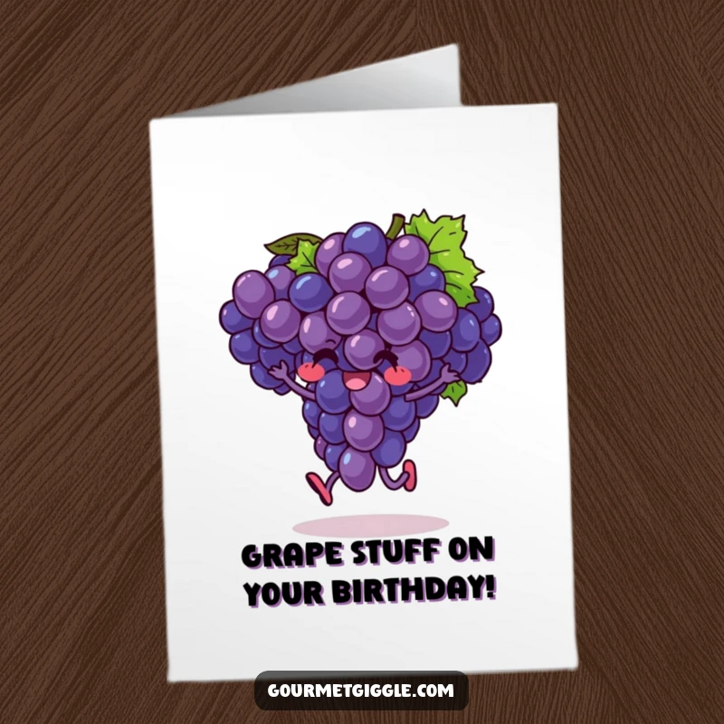 Funny Free Printable Birthday Card showing an exuberant bunch of grapes joyfully doing a little hop, full of fruity energy.