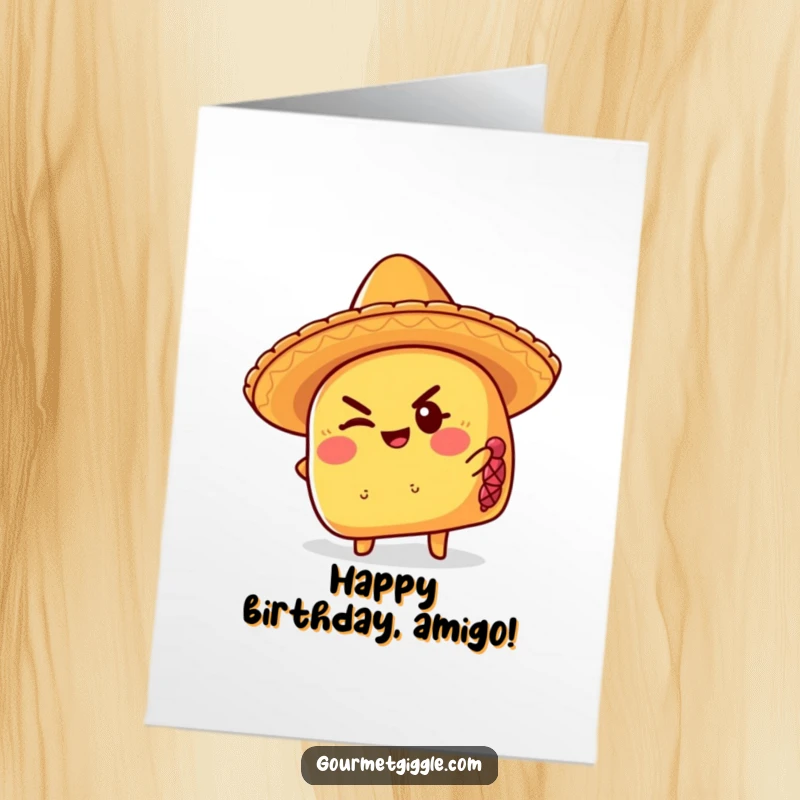 Funny Free Printable birthday card featuring a taco in a sombrero giving a mischievous wink and a playful grin.