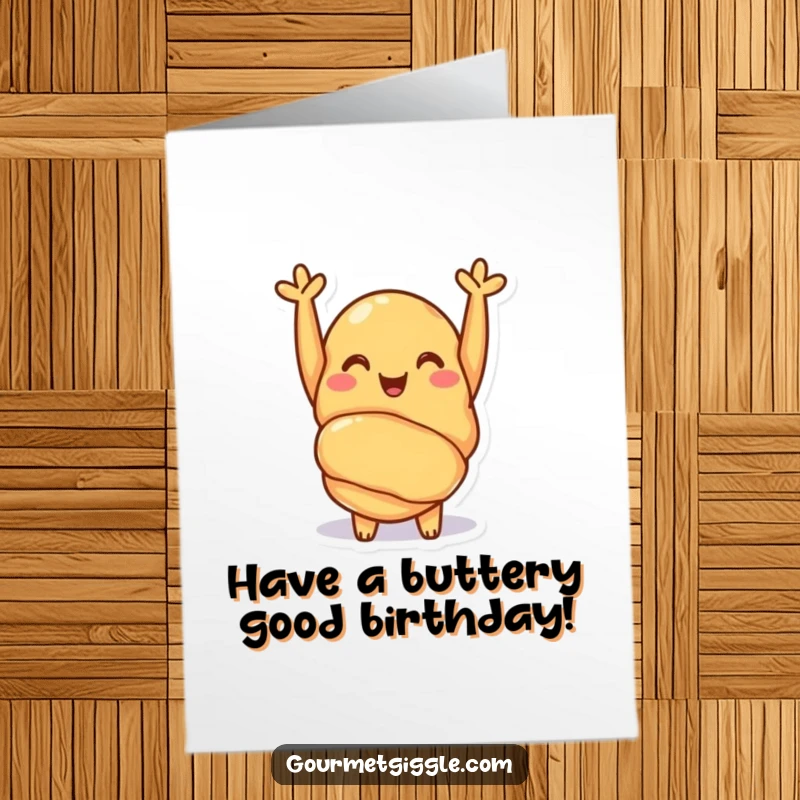 Funny Free Printable Birthday Card featuring a cheerful croissant with tiny arms raised in a happy cheer.