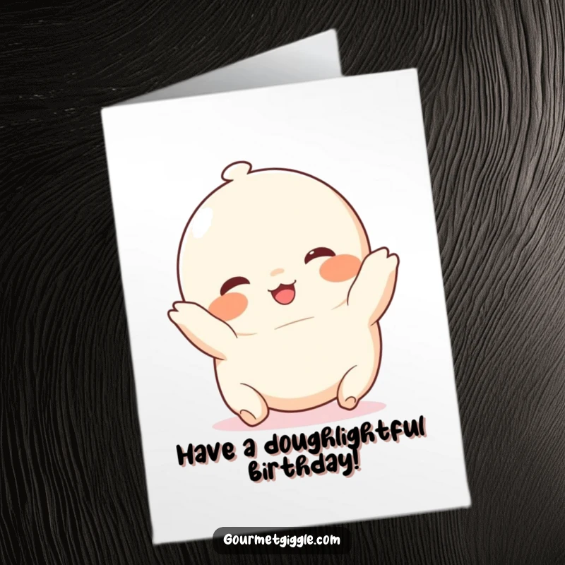 Funny Free Printable Birthday Card: A chubby, rosy-cheeked dumpling joyfully tumbling, perfect for a food-themed birthday greeting.