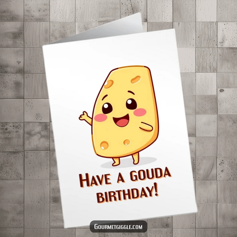 Funny Free Printable birthday card with a beaming cheese wedge doing a joyful shimmy. A truly cheesy way to celebrate.