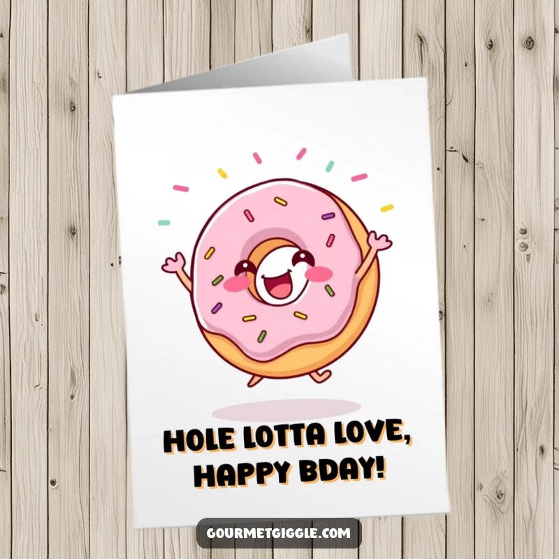 Funny Free Printable Birthday Card: A gleeful donut doing a happy jig with sprinkles flying, bursting with birthday joy.