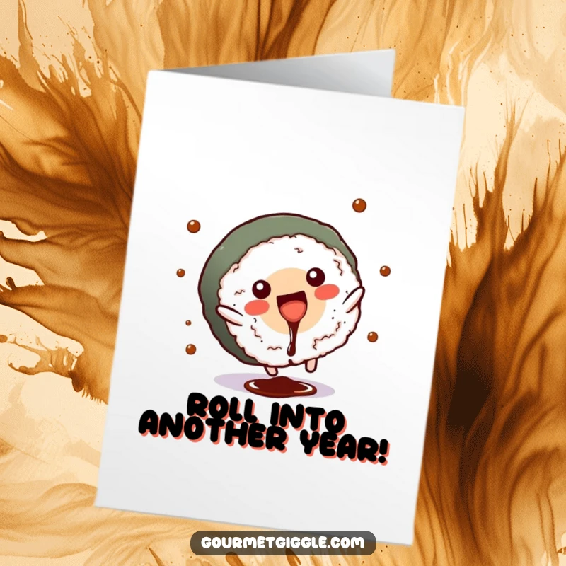 Funny Free Printable Birthday Card: Cheerful sushi doing a cartwheel, soy sauce splashing, pure birthday joy.
