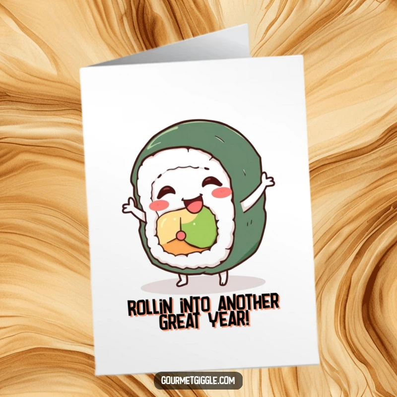 Funny Free Printable Birthday Card: A smiling sushi roll character doing a silly, wobbly dance.