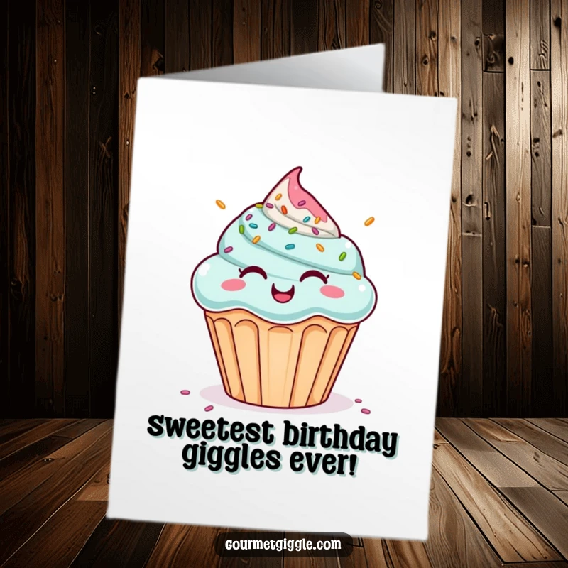 Funny Free Printable Birthday Card: A cheerful cupcake with sprinkles raining down is bursting with giggles, ready for birthday fun.