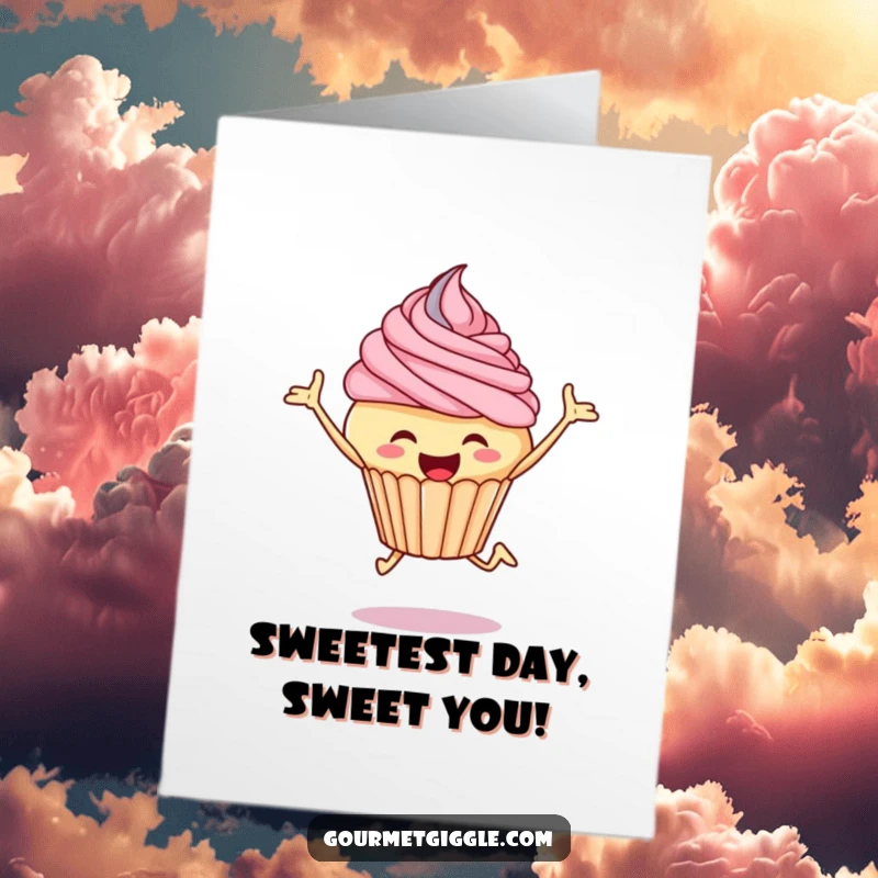 Funny Free Printable Birthday Card: A jubilant cupcake with frosting swirls, joyfully leaping into birthday fun.