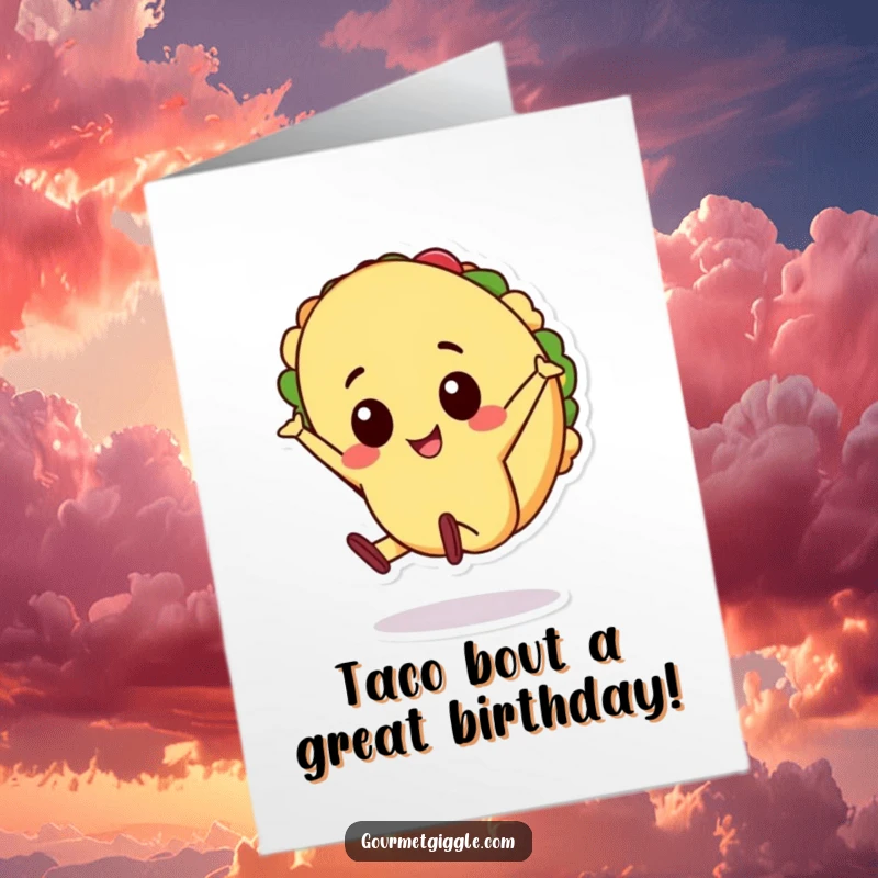 Funny Free Printable Birthday Card: A cheerful taco doing a cartwheel, celebrating with a hilarious DIY gift.