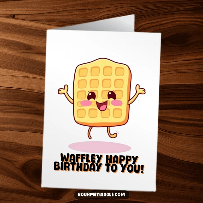 Funny Free Printable Birthday Card: A cheerful waffle character doing a happy little bounce, joyful downloadable gift.