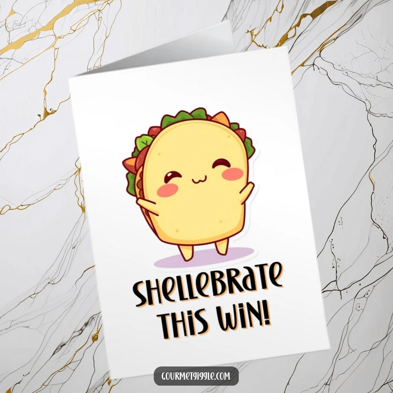 Funny Free Printable Congratulations Card: A happy taco shimmying with delight, ideal for a downloadable party gift.