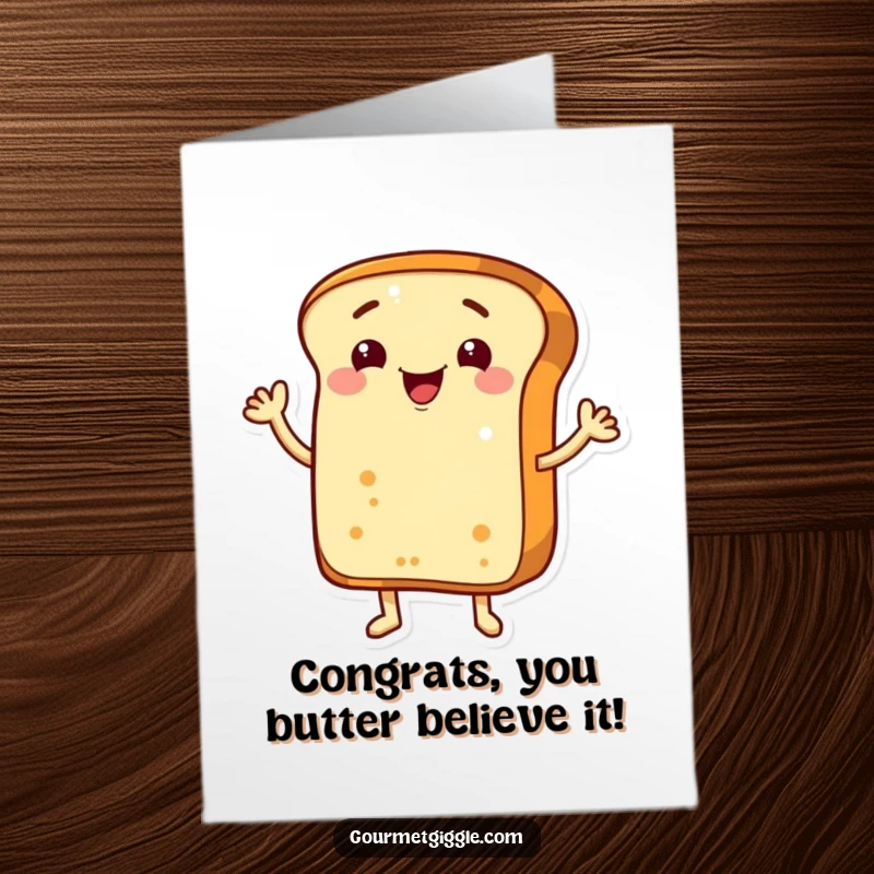 Free Printable Congratulations Card: A smiling bread loaf with arms, giving a friendly wave, celebrating success with cheer.