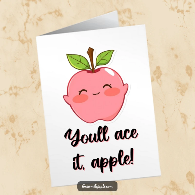 Funny Free Printable Congratulations Card featuring a blushing apple with leaf hair doing a playful curtsy.