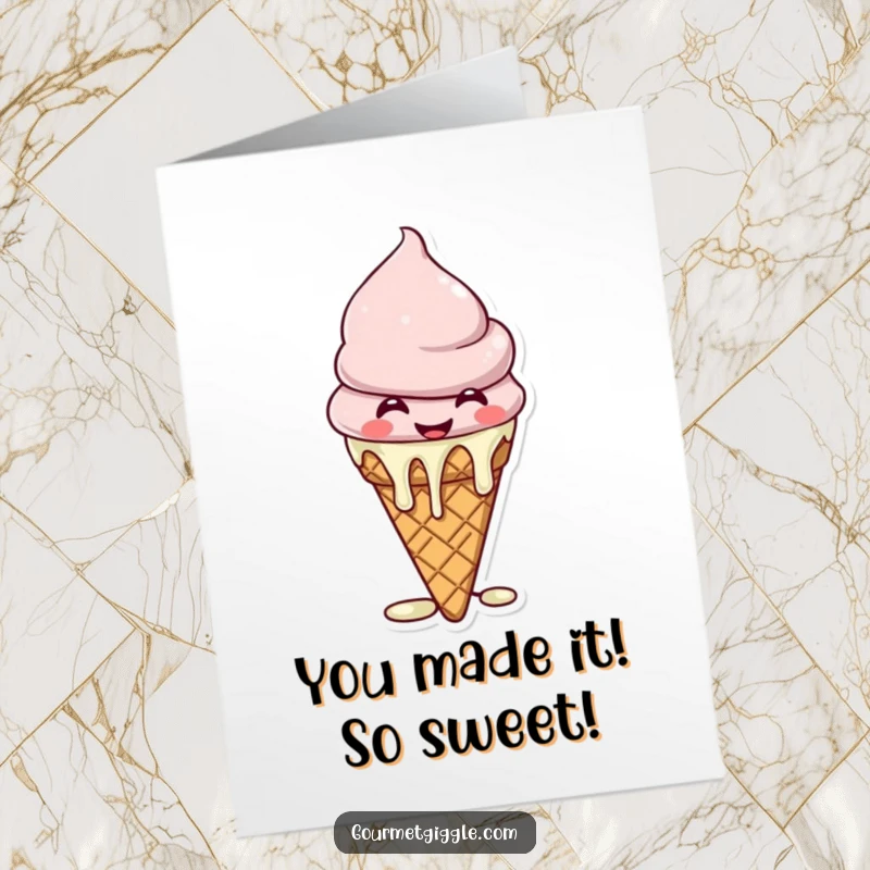 Funny Free Printable Congratulations Card: A cheerful, giggling ice cream cone with melting drips, humorous celebration.