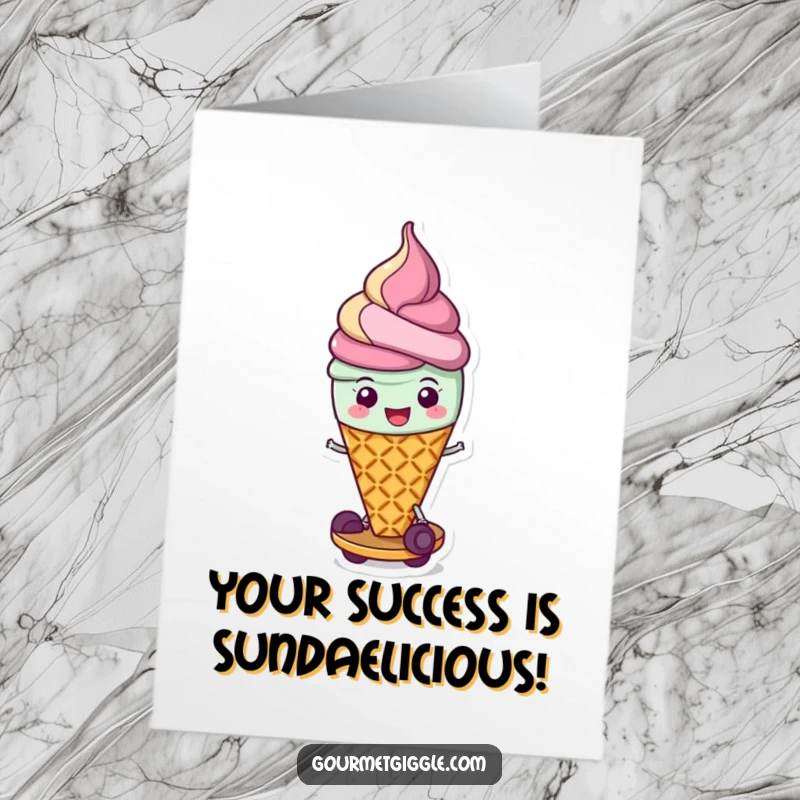 Funny Free Printable Congrats Card: A cheerful ice cream cone scoots along on its waffle base to celebrate a win.