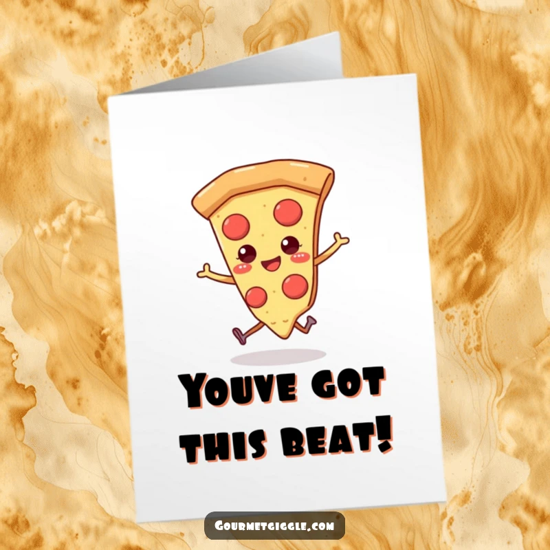 Funny Free Printable Congratulations Card: A smiling pizza slice dances excitedly, celebrating a big win.
