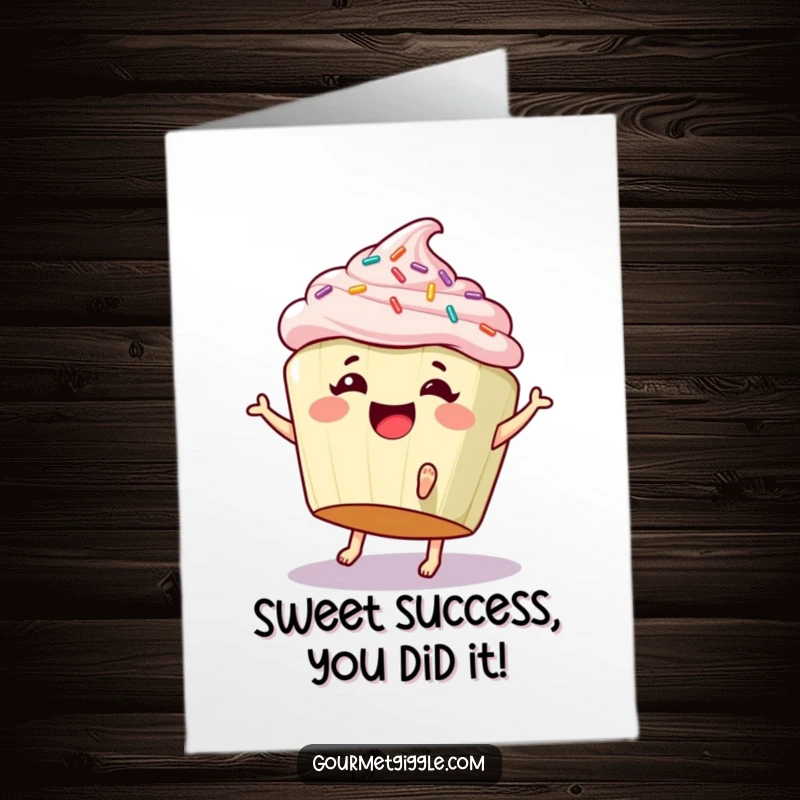 Funny Free Printable Congrats Card: Giggling cupcake with sprinkles and tiny feet doing a cartwheel, celebrating success.