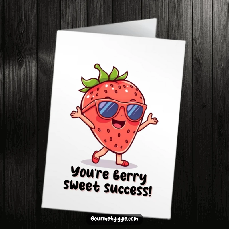 Funny Free Printable Congratulations Card: A strawberry wearing sunglasses grooves happily, celebrating success with a vibrant, dancing attitude.