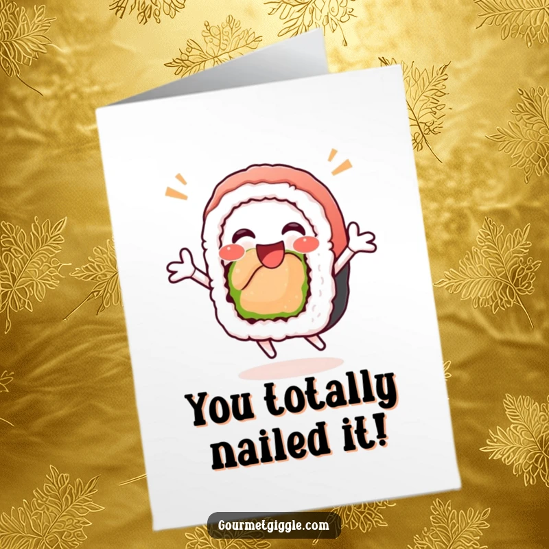 Funny Free Printable Congratulations card showing a sushi roll with a happy face in a celebratory jumping pose.