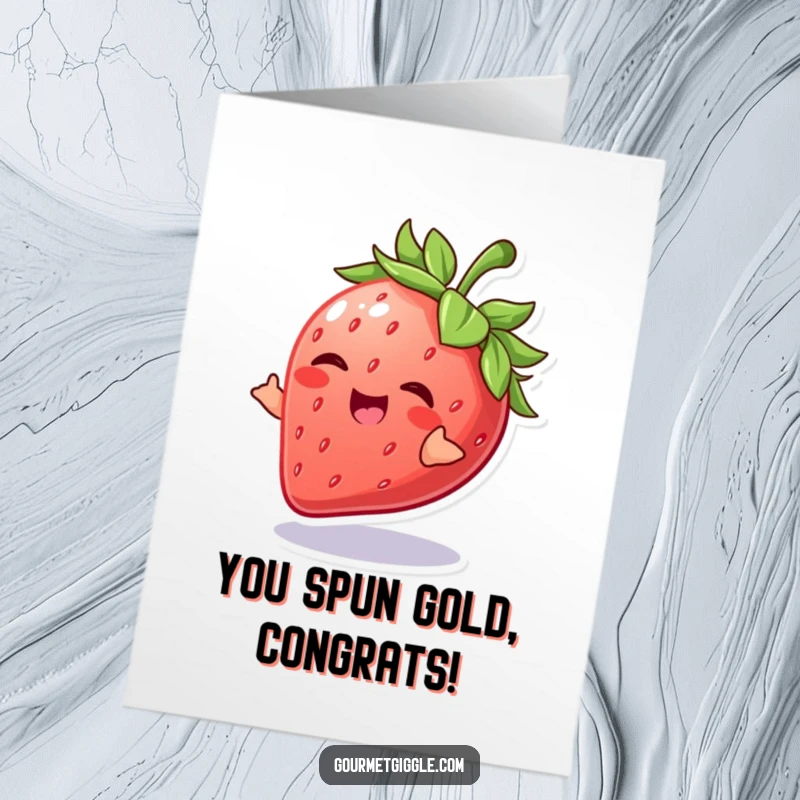 Funny Free Printable Congratulations Card: A giggling strawberry doing a joyful spin, celebrating sweet success.