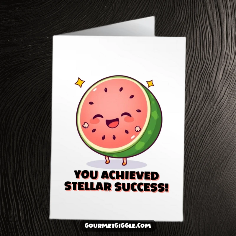 Funny Free Printable Congratulations Card featuring a giggling watermelon slice with star seeds doing cartwheels.