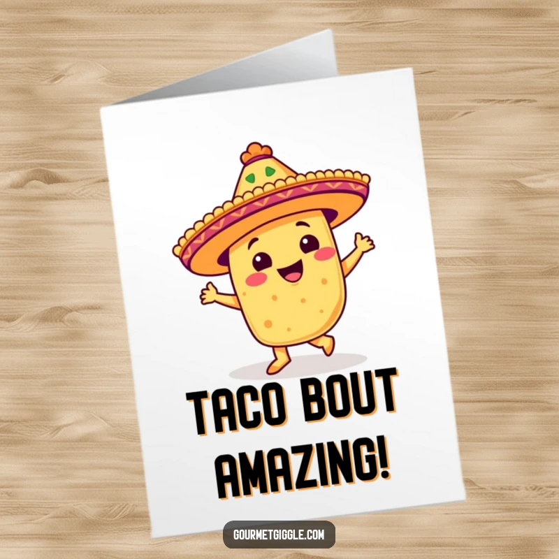 Funny Free Printable Congratulations Card: Smiling taco with sombrero doing a salsa dance, a festive downloadable art.