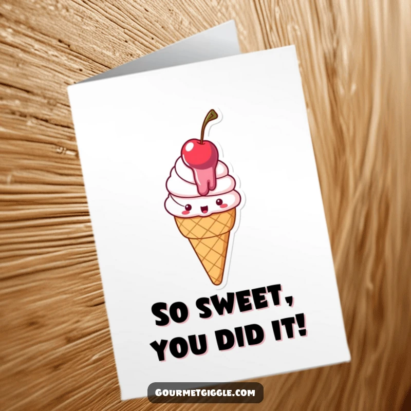 Funny free printable congratulations card: a happy, melting ice cream cone with a cherry, enjoying the sweet taste of success.