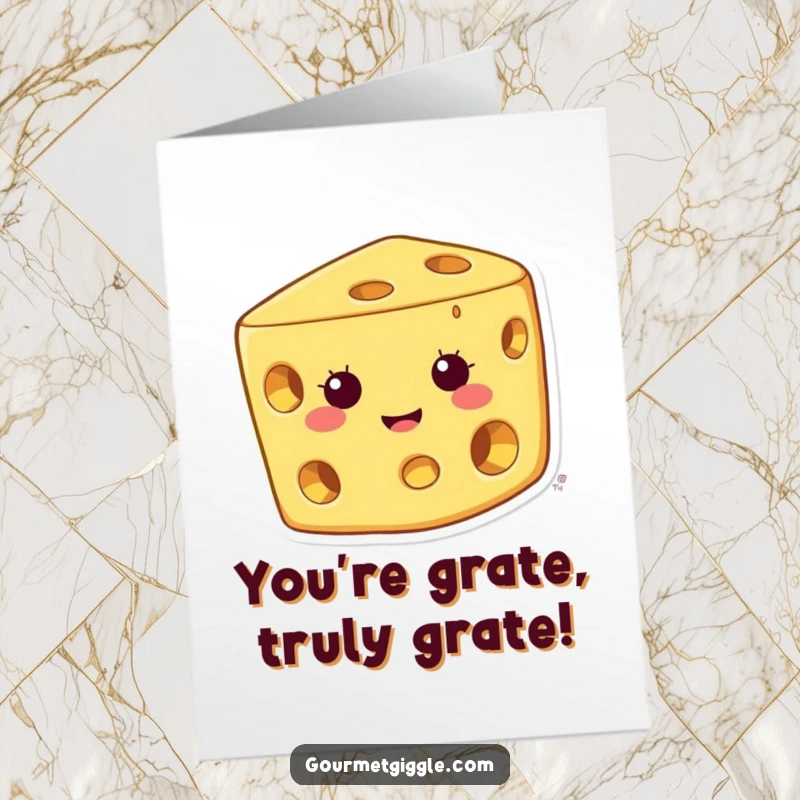Funny Free Printable Congratulations Card of a happy piece of cheese with holes, grinning widely to celebrate success.