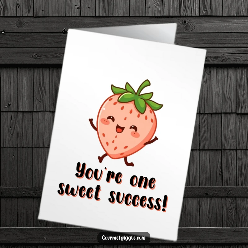Funny Free Printable Congratulations Card: An energetic strawberry with little legs doing a happy dance, spreading cheer.