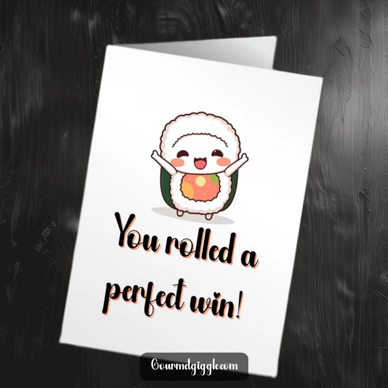 Funny Free Printable Congratulations Card showcasing a happy sushi roll performing a comical bow, ideal for any achievement.