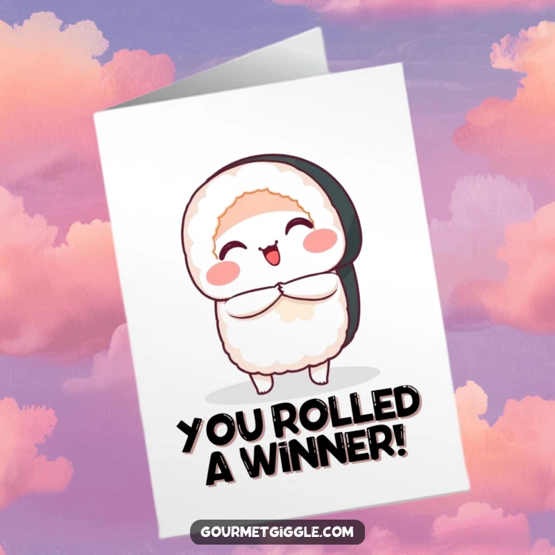 Funny free printable congratulations card: a polite sushi roll bowing gracefully to honor your remarkable achievement.