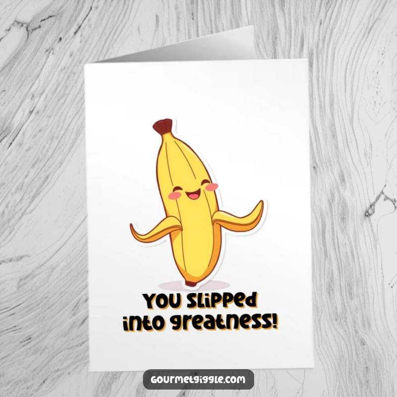Funny Free Printable Congratulations Card: A grinning banana peel slipping on itself, ideal downloadable gift.
