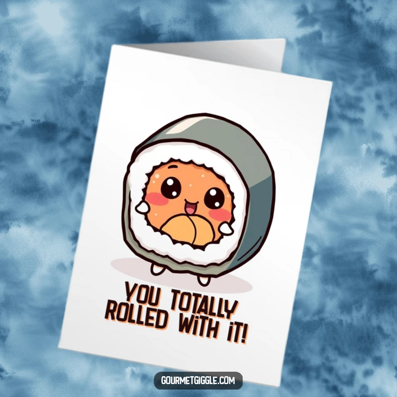 Free Printable Congratulations Card: An ecstatic sushi roll with expressive eyes, doing a happy dance to celebrate achievements.
