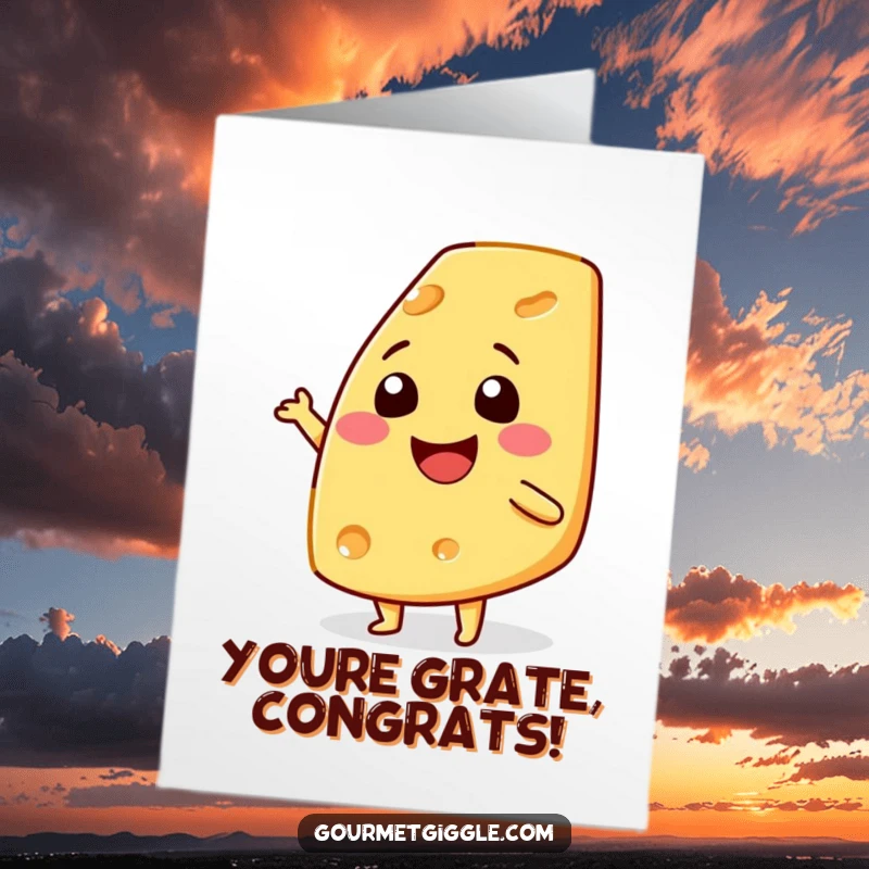 Free Printable congratulations card showing a happy cheese wedge performing an enthusiastic shimmy. Ideal for celebrating any milestone.