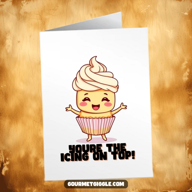Funny Free Printable Congratulations Card: A cupcake with frosting hair does a happy jig for a winner.