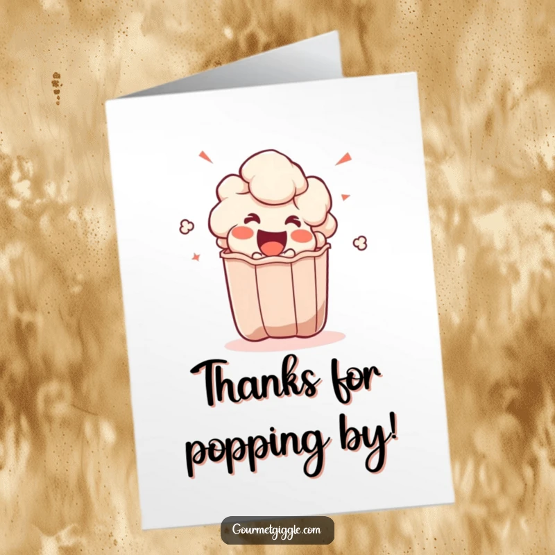 Funny Free Printable Thank You Card showing a happy popcorn kernel popping out of a bag, perfect for a cheerful thank you.