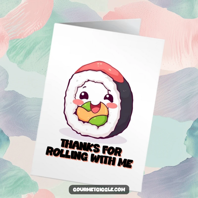 Funny Free Printable Sushi Thank You Card: A happy sushi roll rolling with glee, offering a cute and funny thank you.