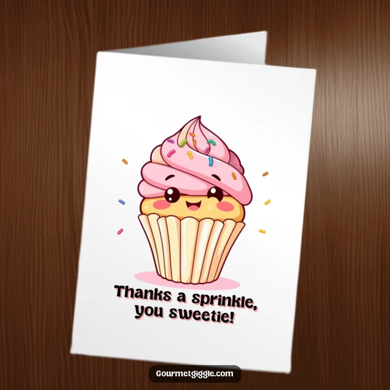 Funny Free Printable Thank You Card: A bobbing cupcake character giggling with bouncing sprinkles.