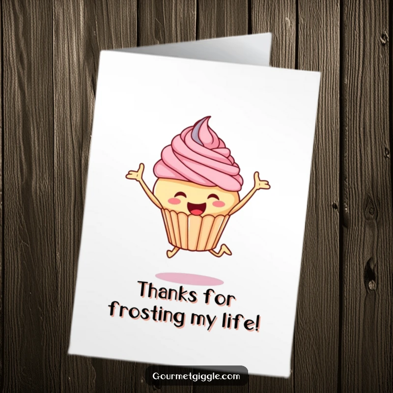 Funny Free Printable Thank You Card: A jubilant cupcake with frosting leaps, expressing thanks joyfully.