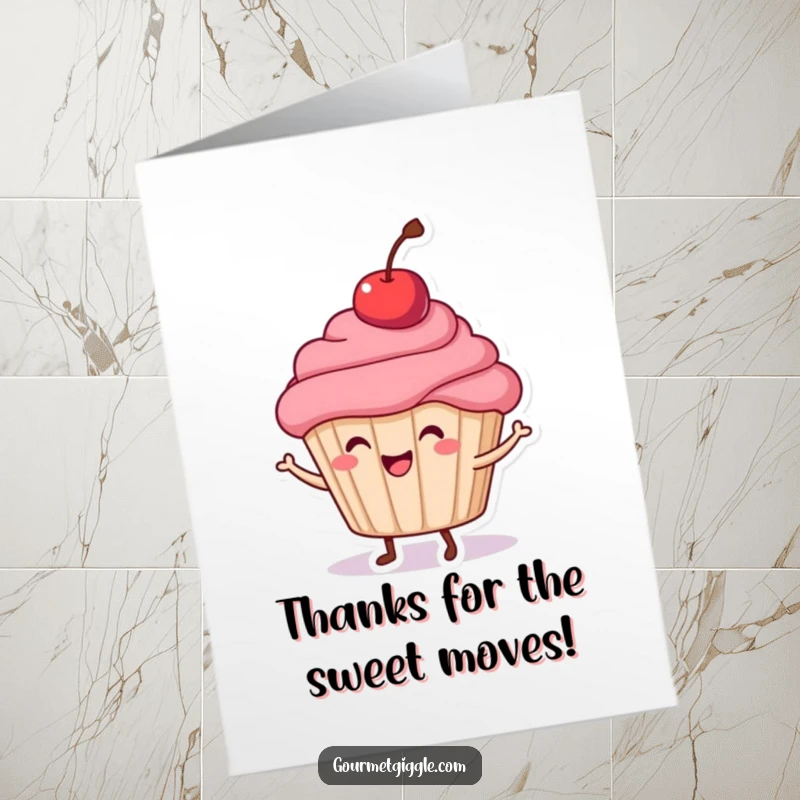Funny Free Printable thank you card: A cheerful cupcake character with a cherry top doing a happy dance.