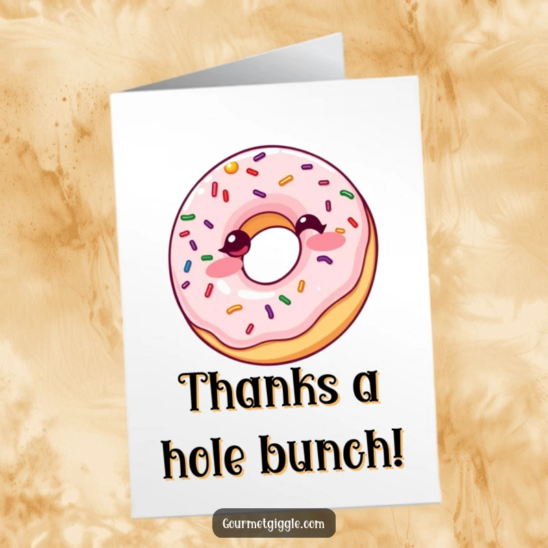 Funny Free Printable Thank You Card: A giggling donut with sprinkles bouncing, perfect downloadable gift.