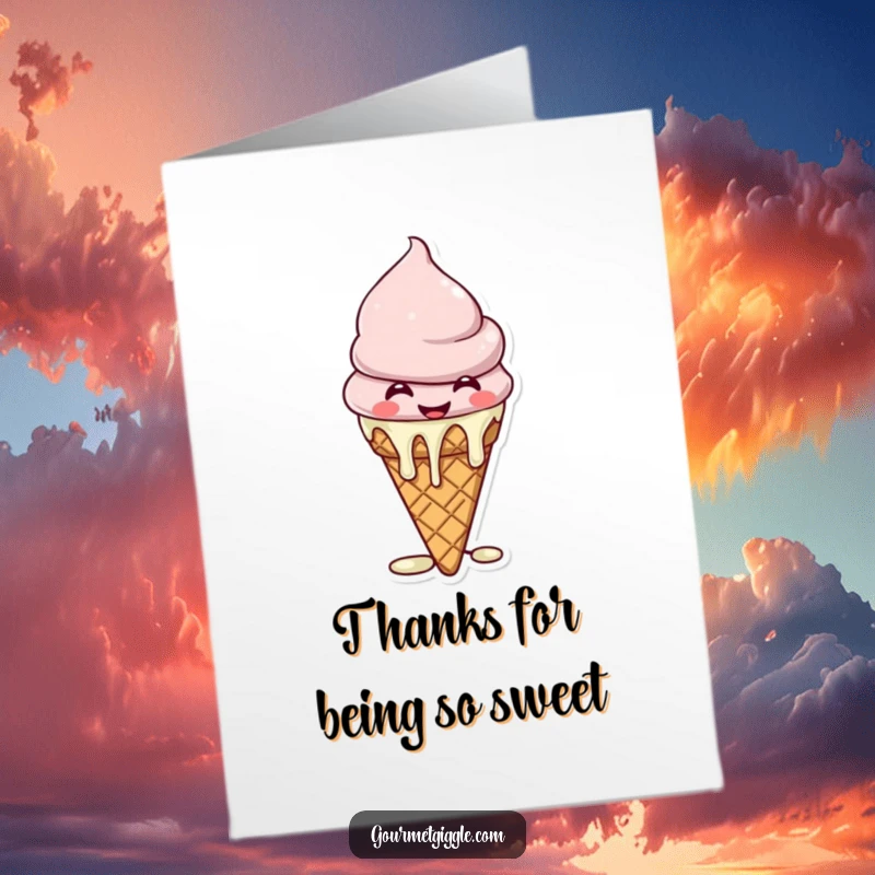 Funny Free Printable Thank You Card: A giggling ice cream cone with melting drips, expressing thanks, downloadable art.