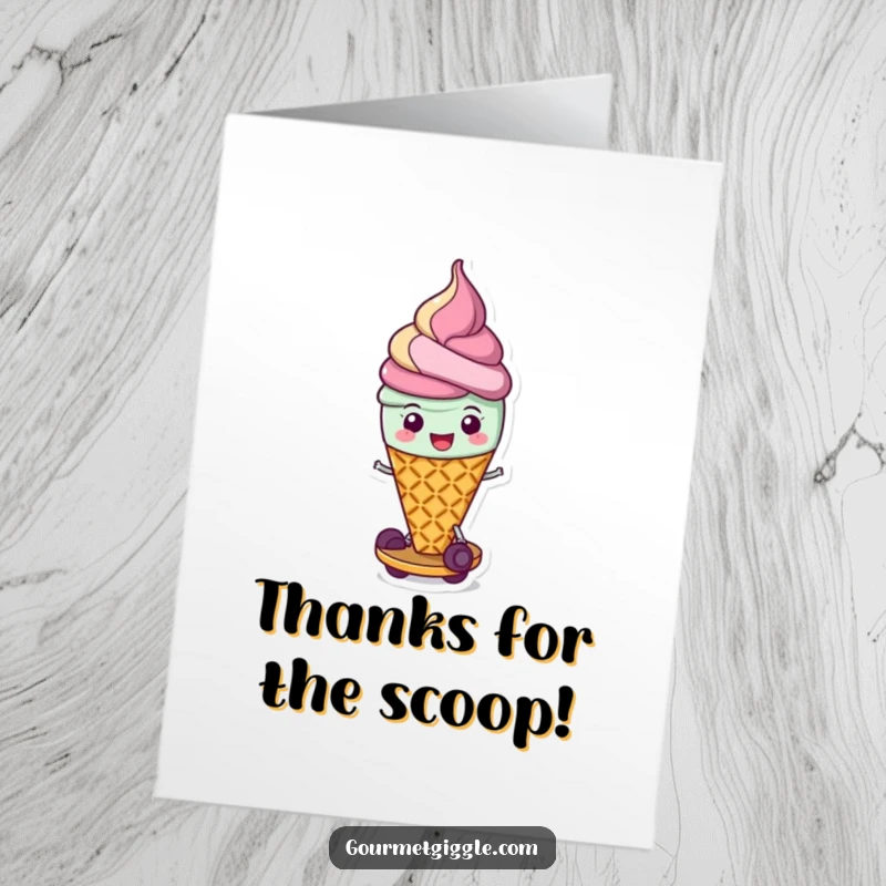Funny Free Printable Thank You Card: A cheerful ice cream cone scoots along on its waffle base, offering thanks.