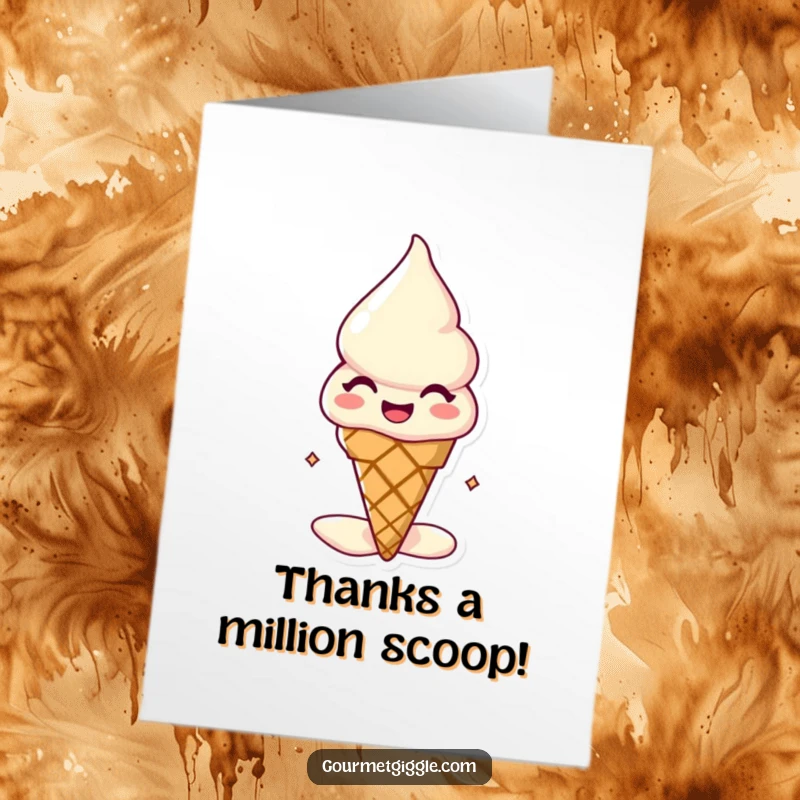 Funny Free Printable Thank You Card: A delighted, melting ice cream cone conveying appreciation with a touch of humor.