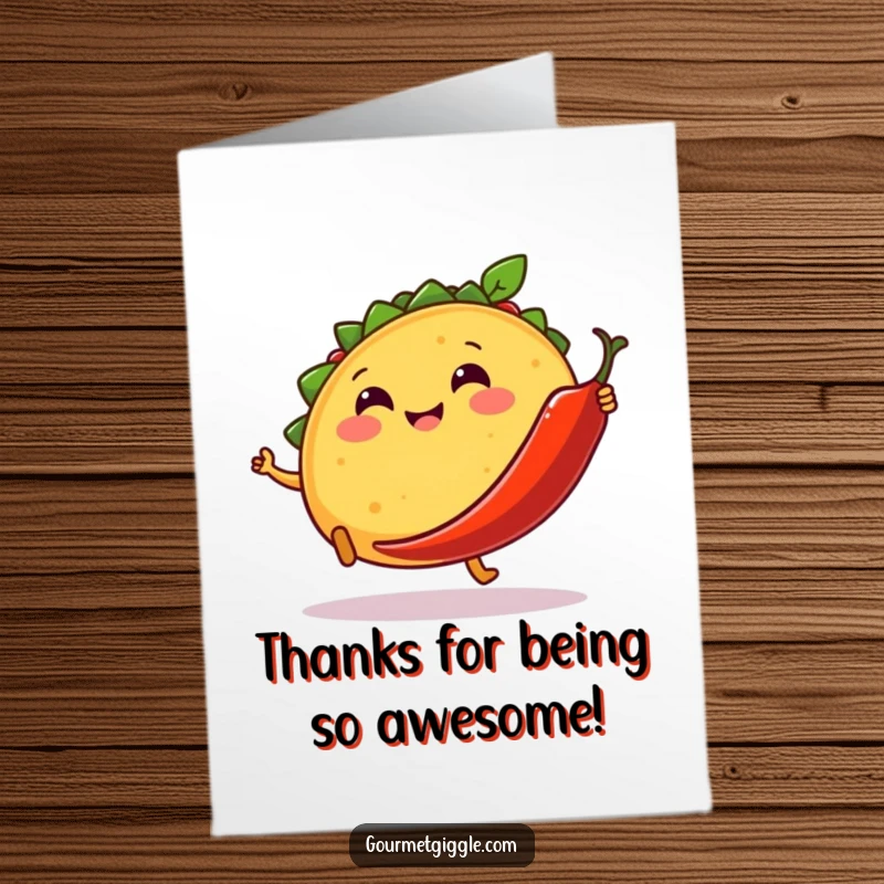 Funny Free Printable Thank You Card: A smiling taco with tiny legs kicking a dancing chili pepper, saying thanks!