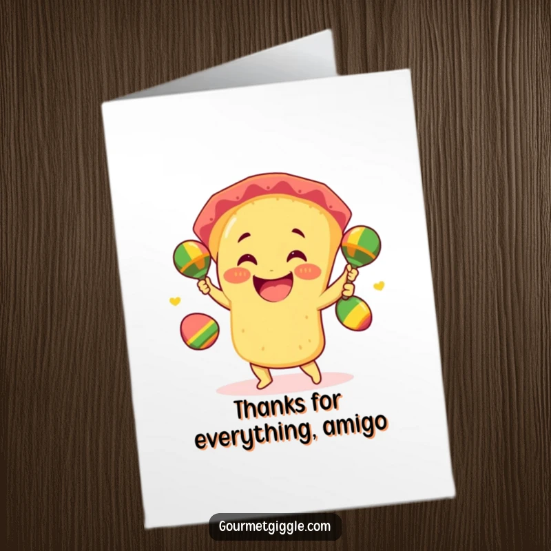 Funny Free Printable Thank You Card: A smiling taco juggling three mini maracas to send cheerful thanks.