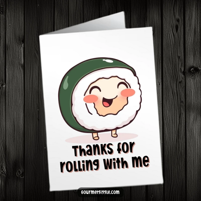 Funny Free Printable Thank You Card: Wobbly sushi roll with little feet doing a happy jig, expressing thanks humorously.